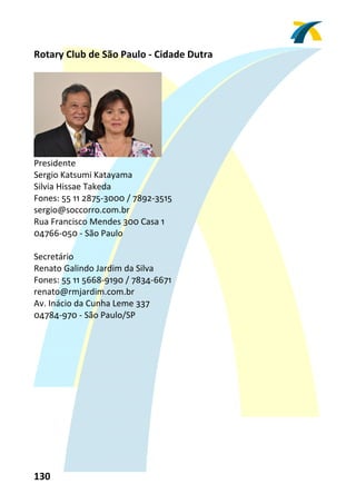 Rotary Club de São Paulo ‐ Cidade Dutra 
 




                                
Presidente 
Sergio Katsumi Katayama 
Silvia Hissae Takeda 
Fones: 55 11 2875‐3000 / 7892‐3515 
sergio@soccorro.com.br 
Rua Francisco Mendes 300 Casa 1 
04766‐050 ‐ São Paulo 
 
Secretário 
Renato Galindo Jardim da Silva 
Fones: 55 11 5668‐9190 / 7834‐6671 
renato@rmjardim.com.br 
Av. Inácio da Cunha Leme 337 
04784‐970 ‐ São Paulo/SP 
 




130 
 