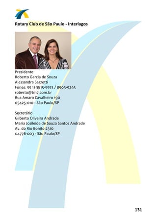 Rotary Club de São Paulo ‐ Interlagos 
 




                                
Presidente 
Roberto Garcia de Souza 
Alessandra Sagretti 
Fones: 55 11 3815‐5553 / 8903‐9293 
roberto@tm7.com.br 
Rua Amaro Cavalheiro 190 
05425‐010 ‐ São Paulo/SP 
 
Secretário 
Gilberto Oliveira Andrade 
Maria Josileide de Souza Santos Andrade 
Av. do Rio Bonito 2310 
04776‐003 ‐ São Paulo/SP 
 




                                           131 
 