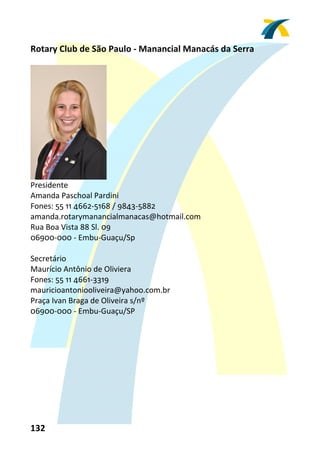 Rotary Club de São Paulo ‐ Manancial Manacás da Serra 
 




                   
Presidente 
Amanda Paschoal Pardini 
Fones: 55 11 4662‐5168 / 9843‐5882 
amanda.rotarymanancialmanacas@hotmail.com 
Rua Boa Vista 88 Sl. 09 
06900‐000 ‐ Embu‐Guaçu/Sp 
 
Secretário 
Maurício Antônio de Oliviera 
Fones: 55 11 4661‐3319 
mauricioantoniooliveira@yahoo.com.br 
Praça Ivan Braga de Oliveira s/nº 
06900‐000 ‐ Embu‐Guaçu/SP 
 




132 
 