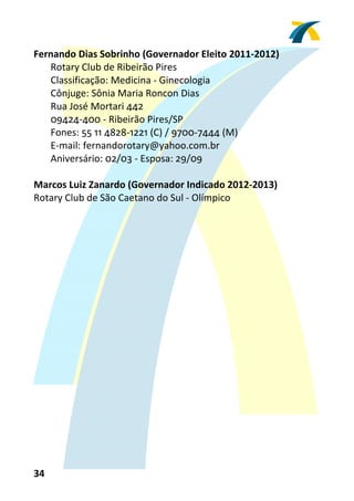 Fernando Dias Sobrinho (Governador Eleito 2011‐2012) 
   Rotary Club de Ribeirão Pires 
   Classificação: Medicina ‐ Ginecologia 
   Cônjuge: Sônia Maria Roncon Dias 
   Rua José Mortari 442 
   09424‐400 ‐ Ribeirão Pires/SP 
   Fones: 55 11 4828‐1221 (C) / 9700‐7444 (M) 
   E‐mail: fernandorotary@yahoo.com.br 
   Aniversário: 02/03 ‐ Esposa: 29/09 
 
Marcos Luiz Zanardo (Governador Indicado 2012‐2013) 
Rotary Club de São Caetano do Sul ‐ Olímpico 
 




34 
 