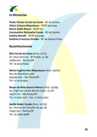 In Memorian 
 
Paulo Viriato Corrêa da Costa ‐ RC de Santos 
Clóvis Caitano Miquelazzo ‐ RCSP‐Ipiranga 
Ramzi Sadik Khouri ‐ RCSP‐Sul 
Constantino Michaello Conde ‐ RC de Santos 
Enélcio Bonafé ‐ RCSP‐Ipiranga 
Antônio Francisco Smolka ‐ RC de Santos‐Praia 
 
Reconhecimento 
 
Rita Corrêa da Costa (Aniv. 21/11) 
Av. Ana Costa 151 ‐ 8º Andar, cj. 84 
11060‐001 ‐ Santos/SP 
Tel. 13 3233‐6393 
 
Maria Eugênia Reis Miquelazzo (Aniv. 06/01) 
Rua do Manifesto 506 
04209‐000 ‐ São Paulo/SP 
Tel. 11 2273‐0931 
 
Neusa de Brito Guerra Khouri (Aniv. 15/04) 
Av. Engº Luiz Carlos Berrini 1500 ‐ Cj.101 
04571‐011 ‐ São Paulo/SP 
Tel. 11 5102‐2121 ‐ Fax. 11 5102‐2222 
 
Jamile Kader Conde (Aniv. 22/10) 
Av. Vicente de Carvalho 65 ap. 82 
11045‐501 ‐ Santos/SP 
Tel. 13 3284‐9968 
 



                                                 35 
 