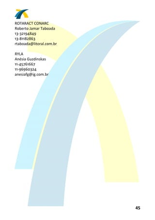 ROTARACT CONARC 
Roberto Jamar Taboada 
13‐32194849 
13‐81182863 
rtaboada@litoral.com.br 
 
RYLA 
Anésia Guzdinskas 
11‐45761667 
11‐96960324 
anesiafg@ig.com.br 
 




                           45 
 