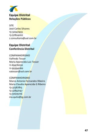 Equipe Distrital 
Relações Públicas 
 
SITE 
José Carlos Silvares 
13‐32247433 
13‐97824202 
z.consultoria@uol.com.br 
 
Equipe Distrital 
Conferência Distrital 
 
COMPANHEIRISMO 
Valfredo Tesser 
Maria Aparecida Luiz Tesser 
11‐69476030 
11‐99394060 
vatesser@uol.com.br 
 
COMPANHEIRISMO 
Marco Antonio Fernandes Ribeiro 
Maria Claudia Aparecida G Ribeiro 
13‐32387815 
13‐32842147 
13‐91679776 
ma.quito@ig.com.br 




                                     47 
 