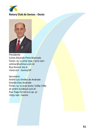 Rotary Club de Santos ‐ Oeste 
 




                      
Presidente 
Carlos Eduardo Pinto Machado 
Fones: 55 13 3219‐1554 / 9712‐2911 
celimar@celimar.com.br 
Rua Itororó 105‐A 
11010‐071 ‐ Santos/SP 
 
Secretário 
André Luiz Simões de Andrade 
Giselda Elias Andrade 
Fones: 55 13 3232‐4129 / 9784‐7789 
dr‐andre‐luiz@uol.com.br 
Rua Tiago Ferreira 51 ap. 41 
11055‐140 ‐ Santos 
 




                                      51 
 