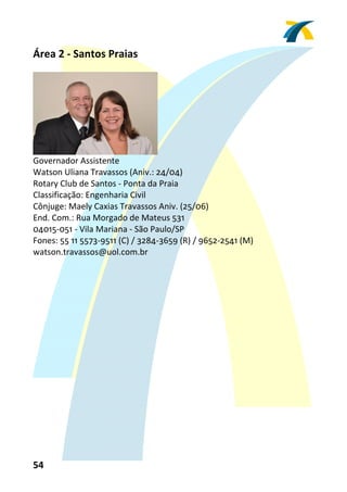 Área 2 ‐ Santos Praias 
 




                                   
Governador Assistente 
Watson Uliana Travassos (Aniv.: 24/04) 
Rotary Club de Santos ‐ Ponta da Praia 
Classificação: Engenharia Civil 
Cônjuge: Maely Caxias Travassos Aniv. (25/06) 
End. Com.: Rua Morgado de Mateus 531 
04015‐051 ‐ Vila Mariana ‐ São Paulo/SP 
Fones: 55 11 5573‐9511 (C) / 3284‐3659 (R) / 9652‐2541 (M) 
watson.travassos@uol.com.br 
 




54 
 