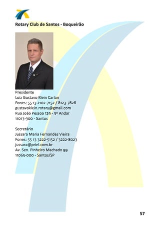 Rotary Club de Santos ‐ Boqueirão 
 




                      
Presidente 
Luiz Gustavo Klein Carlan 
Fones: 55 13 2102‐7152 / 8123‐7828 
gustavoklein.rotary@gmail.com 
Rua João Pessoa 129 ‐ 3º Andar 
11013‐900 ‐ Santos 
 
Secretário 
Jussara Maria Fernandes Vieira 
Fones: 55 13 3222‐5152 / 3222‐8023 
jussara@priel.com.br 
Av. Sen. Pinheiro Machado 99 
11065‐000 ‐ Santos/SP 
 




                                      57 
 
