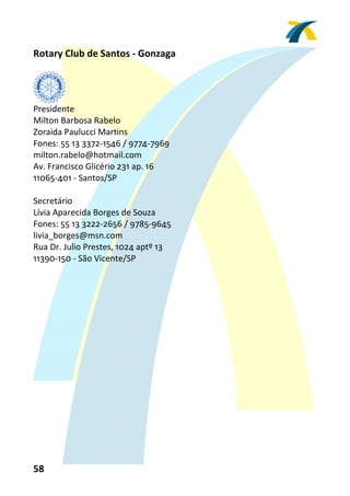Rotary Club de Santos ‐ Gonzaga 
 


          
Presidente 
Milton Barbosa Rabelo 
Zoraida Paulucci Martins 
Fones: 55 13 3372‐1546 / 9774‐7969 
milton.rabelo@hotmail.com 
Av. Francisco Glicério 231 ap. 16 
11065‐401 ‐ Santos/SP 
 
Secretário 
Lívia Aparecida Borges de Souza 
Fones: 55 13 3222‐2656 / 9785‐9645 
livia_borges@msn.com 
Rua Dr. Julio Prestes, 1024 aptº 13 
11390‐150 ‐ São Vicente/SP 
 




58 
 