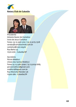 Rotary Club de Cubatão 
 




                                  
Presidente 
Antonio Xavier de Cantalice 
Irene de Jesus Cantalice 
Fones: 55 13 3361‐3151 / 55 13 9175‐7318 
vendas@cantaliceimob.com.br 
cantalice@creci.org.br 
Rua Bahia 23 
11510‐070 ‐ Cubatão/SP 
 
Secretário 
Pérsio Moblicci 
Liliane dos Santos Moblicci 
Fones 55 13 3361‐3290 / 55 13 9124‐6185 
persiomoblicci@gmail.com 
moblicci@bignet.com.br 
Rua Marechal Rondon 36 
11500‐280 ‐ Cubatão/SP 
 




                                            63 
 