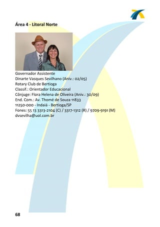 Área 4 ‐ Litoral Norte 
 




                                  
Governador Assistente 
Dinarte Vasques Sevilhano (Aniv.: 02/05) 
Rotary Club de Bertioga 
Classif.: Orientador Educacional 
Cônjuge: Flora Helena de Oliveira (Aniv.: 30/09) 
End. Com.: Av. Thomé de Souza 11833 
11250‐000 ‐ Indaiá ‐ Bertioga/SP  
Fones: 55 13 3313‐2104 (C) / 3317‐1312 (R) / 9709‐9191 (M) 
dvsevilha@uol.com.br 
 




68 
 