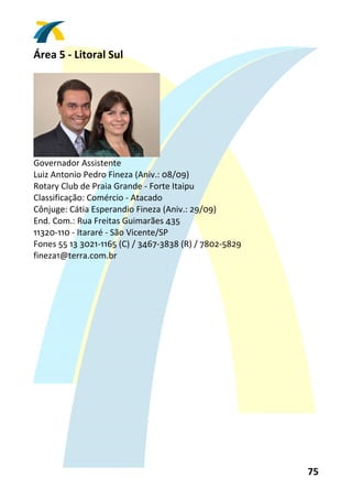 Área 5 ‐ Litoral Sul 
 




                                   
Governador Assistente 
Luiz Antonio Pedro Fineza (Aniv.: 08/09) 
Rotary Club de Praia Grande ‐ Forte Itaipu 
Classificação: Comércio ‐ Atacado 
Cônjuge: Cátia Esperandio Fineza (Aniv.: 29/09) 
End. Com.: Rua Freitas Guimarães 435 
11320‐110 ‐ Itararé ‐ São Vicente/SP 
Fones 55 13 3021‐1165 (C) / 3467‐3838 (R) / 7802‐5829 
fineza1@terra.com.br 
 




                                                         75 
 
