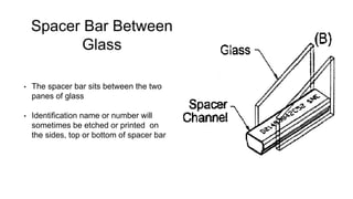 Spacer Bar Between
Glass
• The spacer bar sits between the two
panes of glass
• Identification name or number will
sometimes be etched or printed on
the sides, top or bottom of spacer bar
 