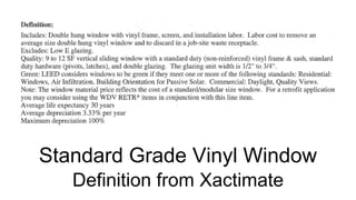 Standard Grade Vinyl Window
Definition from Xactimate
 