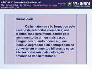 Curiosidade:
Os hematomas são formados pelo
escape de eritrócitos (hemácias) aos
tecidos. Isso geralmente ocorre pelo
rompimento de um ou mais vasos
sanguíneos quando ocorre alguma
lesão. A degradação da hemoglobina se
converte em pigmentos biliares, e estes
são responsáveis pela coloração
amarelada dos hematomas.
CIÊNCIAS, 8° Ano do Ensino Fundamental
Os componentes do sangue, relacionando-os a suas
respectivas funções
 