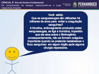 CIÊNCIAS, 8° Ano do Ensino Fundamental
Os componentes do sangue, relacionando-os a suas
respectivas funções
 