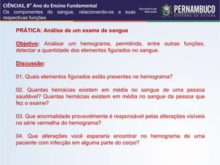 PRÁTICA: Análise de um exame de sangue
Objetivo: Analisar um hemograma, permitindo, entre outras funções,
detectar a quantidade dos elementos figurados no sangue.
Discussão:
01. Quais elementos figurados estão presentes no hemograma?
02. Quantas hemácias existem em média no sangue de uma pessoa
saudável? Quantas hemácias existem em média no sangue da pessoa que
fez o exame?
03. Que anormalidade provavelmente é responsável pelas alterações visíveis
na série vermelha do hemograma?
04. Que alterações você esperaria encontrar no hemograma de uma
paciente com infecção em alguma parte do corpo?
CIÊNCIAS, 8° Ano do Ensino Fundamental
Os componentes do sangue, relacionando-os a suas
respectivas funções
 