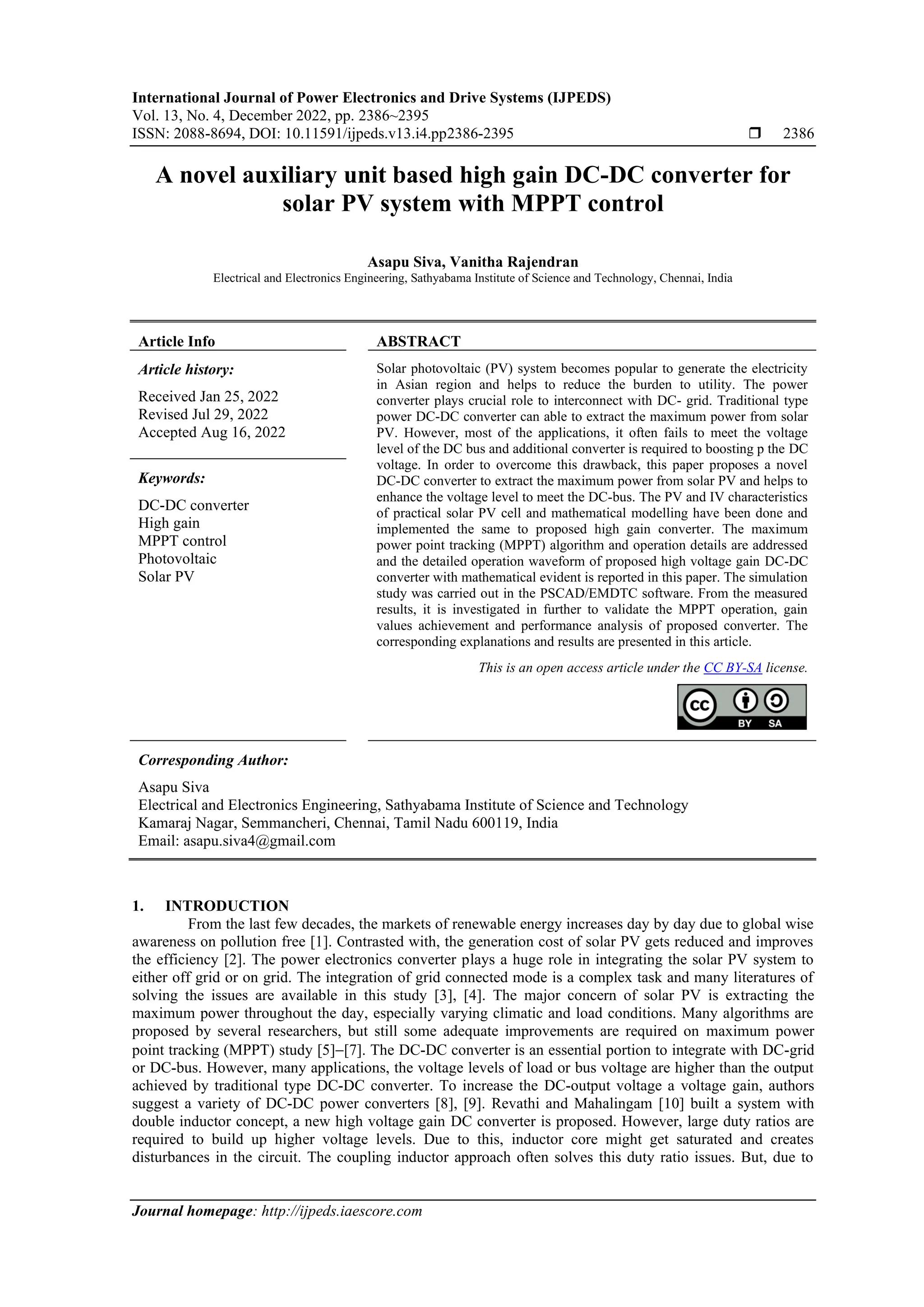 A novel auxiliary unit based high gain DC-DC converter for solar PV ...