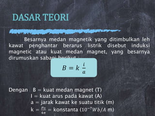 DASAR TEORI
Besarnya medan magnetik yang ditimbulkan leh
kawat penghantar berarus listrik disebut induksi
magnetic atau kuat medan magnet, yang besarnya
dirumuskan sabagi berikut :
Dengan B = kuat medan magnet (T)
I = kuat arus pada kawat (A)
a = jarak kawat ke suatu titik (m)
k =
𝜇0
4𝜋
= konstanta (10−7𝑊𝑏/𝐴 m)
𝐵 = 𝑘
𝑖
𝑎
 