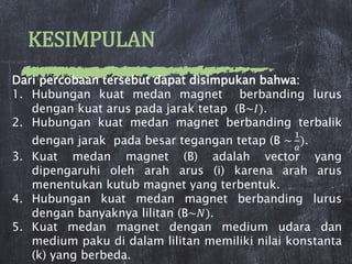 KESIMPULAN
Dari percobaan tersebut dapat disimpukan bahwa:
1. Hubungan kuat medan magnet berbanding lurus
dengan kuat arus pada jarak tetap (B~𝐼).
2. Hubungan kuat medan magnet berbanding terbalik
dengan jarak pada besar tegangan tetap (B ~
1
𝑎
).
3. Kuat medan magnet (B) adalah vector yang
dipengaruhi oleh arah arus (i) karena arah arus
menentukan kutub magnet yang terbentuk.
4. Hubungan kuat medan magnet berbanding lurus
dengan banyaknya lilitan (B~𝑁).
5. Kuat medan magnet dengan medium udara dan
medium paku di dalam lilitan memiliki nilai konstanta
(k) yang berbeda.
 