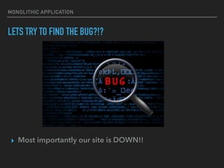 MONOLITHIC APPLICATION
LETS TRY TO FIND THE BUG?!?
▸ Most importantly our site is DOWN!!
 