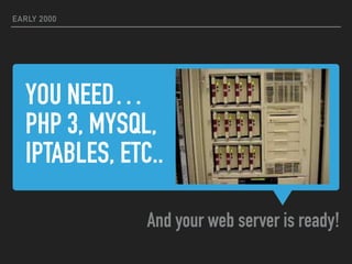 YOU NEED…
PHP 3, MYSQL, 
IPTABLES, ETC..
And your web server is ready!
EARLY 2000
 