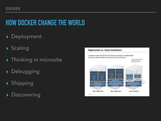 DOCKER
HOW DOCKER CHANGE THE WORLD
▸ Deployment
▸ Scaling
▸ Thinking in microsite
▸ Debugging
▸ Shipping
▸ Discovering
 