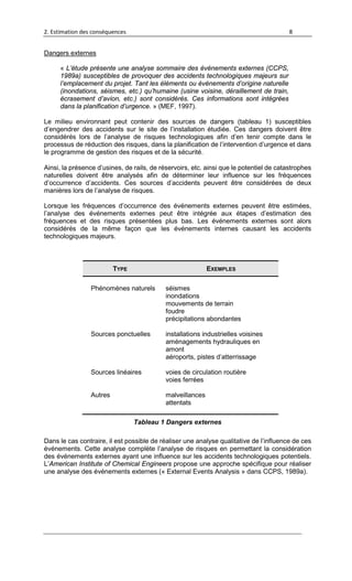 2. Estimation des conséquences 8
Dangers externes
« L’étude présente une analyse sommaire des événements externes (CCPS,
1989a) susceptibles de provoquer des accidents technologiques majeurs sur
l’emplacement du projet. Tant les éléments ou événements d’origine naturelle
(inondations, séismes, etc.) qu’humaine (usine voisine, déraillement de train,
écrasement d’avion, etc.) sont considérés. Ces informations sont intégrées
dans la planification d’urgence. » (MEF, 1997).
Le milieu environnant peut contenir des sources de dangers (tableau 1) susceptibles
d’engendrer des accidents sur le site de l’installation étudiée. Ces dangers doivent être
considérés lors de l’analyse de risques technologiques afin d’en tenir compte dans le
processus de réduction des risques, dans la planification de l’intervention d’urgence et dans
le programme de gestion des risques et de la sécurité.
Ainsi, la présence d’usines, de rails, de réservoirs, etc. ainsi que le potentiel de catastrophes
naturelles doivent être analysés afin de déterminer leur influence sur les fréquences
d’occurrence d’accidents. Ces sources d’accidents peuvent être considérées de deux
manières lors de l’analyse de risques.
Lorsque les fréquences d’occurrence des événements externes peuvent être estimées,
l’analyse des événements externes peut être intégrée aux étapes d’estimation des
fréquences et des risques présentées plus bas. Les événements externes sont alors
considérés de la même façon que les événements internes causant les accidents
technologiques majeurs.
TYPE EXEMPLES
Phénomènes naturels séismes
inondations
mouvements de terrain
foudre
précipitations abondantes
Sources ponctuelles installations industrielles voisines
aménagements hydrauliques en
amont
aéroports, pistes d’atterrissage
Sources linéaires voies de circulation routière
voies ferrées
Autres malveillances
attentats
Tableau 1 Dangers externes
Dans le cas contraire, il est possible de réaliser une analyse qualitative de l’influence de ces
événements. Cette analyse complète l’analyse de risques en permettant la considération
des événements externes ayant une influence sur les accidents technologiques potentiels.
L’American Institute of Chemical Engineers propose une approche spécifique pour réaliser
une analyse des événements externes (« External Events Analysis » dans CCPS, 1989a).
 