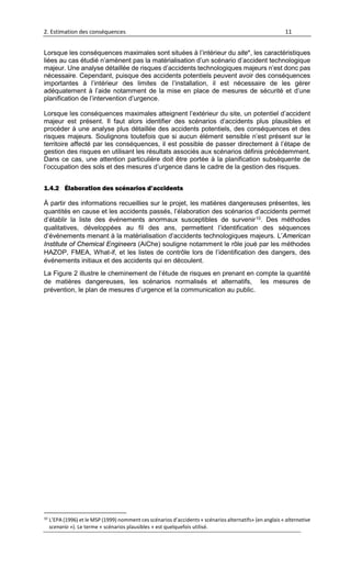 2. Estimation des conséquences 11
Lorsque les conséquences maximales sont situées à l’intérieur du site*, les caractéristiques
liées au cas étudié n’amènent pas la matérialisation d’un scénario d’accident technologique
majeur. Une analyse détaillée de risques d’accidents technologiques majeurs n’est donc pas
nécessaire. Cependant, puisque des accidents potentiels peuvent avoir des conséquences
importantes à l’intérieur des limites de l’installation, il est nécessaire de les gérer
adéquatement à l’aide notamment de la mise en place de mesures de sécurité et d’une
planification de l’intervention d’urgence.
Lorsque les conséquences maximales atteignent l’extérieur du site, un potentiel d’accident
majeur est présent. Il faut alors identifier des scénarios d’accidents plus plausibles et
procéder à une analyse plus détaillée des accidents potentiels, des conséquences et des
risques majeurs. Soulignons toutefois que si aucun élément sensible n’est présent sur le
territoire affecté par les conséquences, il est possible de passer directement à l’étape de
gestion des risques en utilisant les résultats associés aux scénarios définis précédemment.
Dans ce cas, une attention particulière doit être portée à la planification subséquente de
l’occupation des sols et des mesures d’urgence dans le cadre de la gestion des risques.
1.4.2 Élaboration des scénarios d’accidents
À partir des informations recueillies sur le projet, les matières dangereuses présentes, les
quantités en cause et les accidents passés, l’élaboration des scénarios d’accidents permet
d’établir la liste des événements anormaux susceptibles de survenir10. Des méthodes
qualitatives, développées au fil des ans, permettent l’identification des séquences
d’événements menant à la matérialisation d’accidents technologiques majeurs. L’American
Institute of Chemical Engineers (AiChe) souligne notamment le rôle joué par les méthodes
HAZOP, FMEA, What-if, et les listes de contrôle lors de l’identification des dangers, des
événements initiaux et des accidents qui en découlent.
La Figure 2 illustre le cheminement de l’étude de risques en prenant en compte la quantité
de matières dangereuses, les scénarios normalisés et alternatifs, les mesures de
prévention, le plan de mesures d’urgence et la communication au public.
10
L’EPA (1996) et le MSP (1999) nomment ces scénarios d’accidents « scénarios alternatifs» (en anglais « alternative
scenario »). Le terme « scénarios plausibles » est quelquefois utilisé.
 
