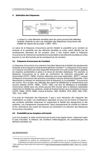 3. Estimation des fréquences 19
3 Estimation des fréquences
ESTIMATION DES
RISQUES
IDENTIFICATION
DES DANGERS ET DES
SCÉNARIOS
D’ACCIDENTS
ÉVALUATION DES
RISQUES
ESTIMATION DES
CONSÉQUENCES
ESTIMATION DES
FRÉQUENCES
ANALYSE DE RISQUES
« Lorsqu’il y a des éléments sensibles dans les zones pouvant être affectées,
l’analyse comporte en plus une estimation des fréquences d’occurrence afin
d’établir les risques liés au projet. » (MEF, 1997).
Le calcul de la fréquence d’occurrence permet d’établir la possibilité qu’un accident se
produise et la possibilité que des éléments sensibles du milieu soient affectés par les
conséquences découlant de cet accident. Ainsi, il faut d’abord établir la fréquence
d’occurrence de l’événement accidentel et ensuite établir si des éléments sensibles du milieu
peuvent ou non être touchés par les conséquences de l’accident.
3.1 Fréquence d’occurrence de l’accident
La fréquence d’occurrence d’un scénario d’accident dépend de la fiabilité des équipements
impliqués et de la séquence d’événements générant l’accident15. La fréquence d’occurrence
d’un scénario d’accident peut être disponible directement à la suite d’observations répétées
de situations accidentelles et grâce à la tenue de données statistiques. Par exemple, la
fréquence d’occurrence de la perte de confinement de réservoirs pressurisés est
documentée (CCPS, 1989b). D’autres références sont aussi disponibles : BEVI16. Lorsque
la fréquence d’occurrence des scénarios d’accidents n’est pas directement disponible, il faut
décomposer le scénario en événements dont la fréquence ou la probabilité * d’occurrence
est connue. Pour ce faire, les méthodes des arbres de défaillances et d’événements sont
souvent utilisées (CCPS, 1989a ; CCPS, 1992). Les taux de défaillance et probabilités
d’occurrence utilisés dans ces arbres peuvent être trouvés dans la littérature spécialisée
notamment en fiabilité des systèmes, sûreté de fonctionnement, taux d’accidents et risques
(CCPS, 1989a ; CCPS, 1989b ; Cremer & Warner, 1982 ; NUREG, 1975 ; IEEE, 1983 ; HSC,
1991 ; Cox, 1990).
À la suite de l’évaluation des fréquences, il peut y avoir rétroaction afin d’apporter des
modifications au projet. Les modifications apportées ont pour but de réduire la fréquence
des accidents potentiels notamment en augmentant la fiabilité des équipements et des
systèmes. Les changements d’équipements, l’ajout d’équipements de contrôle et d’alarme
et leur redondance sont autant de mesures qui contribuent à la réduction des fréquences
d’occurrence d’accidents.
3.2 Probabilité qu’un récepteur soit touché
Lors d’un accident, le milieu environnant est touché à des degrés divers, notamment selon
le type d’accident, la distance, les conditions météorologiques, les caractéristiques des
éléments sensibles, etc.
Les déversements
15
Exemple d’une séquence d’événements menant à un accident :
1) défaillance du système de refroidissement ; 2) augmentation de la température du réacteur ;
3) défaillance de l’alarme de haute température ; 4) emballement de la réaction ; 5) explosion du réacteur.
16
BEVI, Reference Manual Bevi Risk Assessments, http://infonorma.gencat.cat/pdf/AG_AQR_2_Bevi_V3_2_01-07-
2009.pdf
 