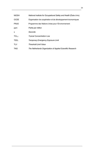 29
NIOSH National Institute for Occupational Safety and Health (États-Unis)
OCDE Organisation de coopération et de développement économiques
PNUE Programme des Nations Unies pour l’Environnement
ppm Partie par million
s Seconde
TCLO Toxical Concentration Low
TEEL Temporary Emergency Exposure Limit
TLV Threshold Limit Value
TNO The Netherlands Organization of Applied Scientific Research
 