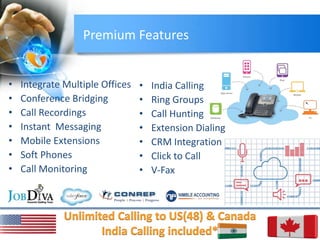 Premium Features
• Integrate Multiple Offices
• Conference Bridging
• Call Recordings
• Instant Messaging
• Mobile Extensions
• Soft Phones
• Call Monitoring
• India Calling
• Ring Groups
• Call Hunting
• Extension Dialing
• CRM Integration
• Click to Call
• V-Fax
 