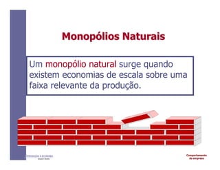 Comportamento
da empresa
INTRODUÇÃO À ECONOMIA
Alexandre C. Nicolella
Monop
Monopó
ólios
lios Naturais
Naturais
Um monopólio natural surge quando
existem economias de escala sobre uma
faixa relevante da produção.
 