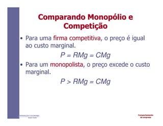 Comportamento
da empresa
INTRODUÇÃO À ECONOMIA
Alexandre C. Nicolella
Comparando
Comparando Monop
Monopó
ólio
lio e
e
Competi
Competiç
ção
ão
• Para uma firma competitiva, o preço é igual
ao custo marginal.
P = RMg = CMg
• Para um monopolista, o preço excede o custo
marginal.
P  RMg = CMg
 