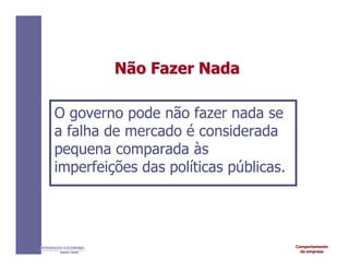 Comportamento
da empresa
INTRODUÇÃO À ECONOMIA
Alexandre C. Nicolella
Não
Não Fazer
Fazer Nada
Nada
O governo pode não fazer nada se
a falha de mercado é considerada
pequena comparada às
imperfeições das políticas públicas.
 