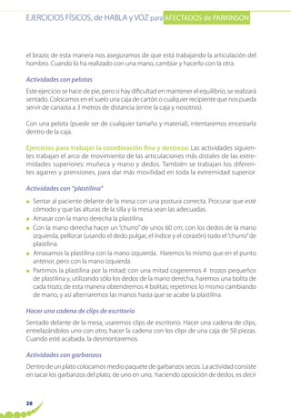 EJERCICIOS FÍSICOS, de HABLA y VOZ para AFECTADOS de PARKINSON
28
el brazo; de esta manera nos aseguramos de que está trabajando la articulación del
hombro. Cuando lo ha realizado con una mano, cambiar y hacerlo con la otra.
Actividades con pelotas
Este ejercicio se hace de pie, pero si hay dificultad en mantener el equilibrio, se realizará
sentado. Colocamos en el suelo una caja de cartón o cualquier recipiente que nos pueda
servir de canasta a 3 metros de distancia (entre la caja y nosotros).
Con una pelota (puede ser de cualquier tamaño y material), intentaremos encestarla
dentro de la caja.
Ejercicios para trabajar la coordinación fina y destreza: Las actividades siguien-
tes trabajan el arco de movimiento de las articulaciones más distales de las extre-
midades superiores: muñeca y mano y dedos. También se trabajan los diferen-
tes agarres y prensiones, para dar más movilidad en toda la extremidad superior.
Actividades con “plastilina”
● Sentar al paciente delante de la mesa con una postura correcta. Procurar que esté
cómodo y que las alturas de la silla y la mesa sean las adecuadas.
● Amasar con la mano derecha la plastilina.
● Con la mano derecha hacer un “churro” de unos 60 cm; con los dedos de la mano
izquierda, pellizcar (usando el dedo pulgar, el índice y el corazón) todo el“churro”de
plastilina.
● Amasamos la plastilina con la mano izquierda. Haremos lo mismo que en el punto
anterior, pero con la mano izquierda.
● Partimos la plastilina por la mitad; con una mitad cogeremos 4 trozos pequeños
de plastilina y, utilizando sólo los dedos de la mano derecha, haremos una bolita de
cada trozo; de esta manera obtendremos 4 bolitas; repetimos lo mismo cambiando
de mano, y así alternaremos las manos hasta que se acabe la plastilina.
Hacer una cadena de clips de escritorio
Sentado delante de la mesa, usaremos clips de escritorio. Hacer una cadena de clips,
entrelazándolos uno con otro; hacer la cadena con los clips de una caja de 50 piezas.
Cuando esté acabada, la desmontaremos.
Actividades con garbanzos
Dentro de un plato colocamos medio paquete de garbanzos secos. La actividad consiste
en sacar los garbanzos del plato, de uno en uno, haciendo oposición de dedos, es decir
 