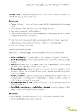 EJERCICIOS FÍSICOS EN LOS AFECTADOS DE PARKINSON
31
Alimentación. Los EP tienen problemas para servir la comida, al llevarse la bebida y la
comida a la boca, al lavarse las manos.
Estrategias:
● Apoyar los brazos encima la mesa, sentarse de forma adecuada, con la espalda
recta.
● Usar cubiertos ligeros (de poco peso y con mangos anchos).
● Usar vasos con asas para facilitar el agarre.
● Utilizar tejido antideslizante o una bayeta húmeda debajo del plato, en el caso de
que se mueva al cortar los alimentos.
Si existen movimientos incoordinados o discinesias de las extremidades superiores:
● Utilizar una paja flexible ante la dificultad para llevarse el vaso a la boca.
● Usar vasos y platos irrompibles
Actividades de Productividad
Entendemos como actividades de productividad las descritas a continuación:
● Manejo del hogar: Obtener y mantener las posesiones, personales y familiares.
● Cuidado de la ropa: Seleccionar, lavar, tender, destender, doblar, planchar, guardar
la ropa.
● Limpieza: Recoger, pasar el aspirador, barrer, sacar el polvo, fregar, pasar la bayeta,
hacer las camas, limpiar los cristales, sacar la basura.
● Preparar la comida: Preparar y servir la comida, abrir y cerrar envases, abrir y cerrar
armarios y cajones, usar electrodomésticos, limpiar y guardar la comida, los utensilios
de cocina y la vajilla.
● Hacer las compras: Coger los productos de los estantes, colocar los productos en el
carro, colocarlos encima de la cinta transportadora de la caja y, finalmente, colocarlos
en las bolsas o en el carro de la compra.
● Mantenimiento de la casa: Tener cuidado de la casa, del jardín y patios, de los
electrodomésticos.
● Actividades vocacionales o trabajo fuera de casa: Ser capaz de poder realizar
todos los movimientos que implique el trabajo.
Estrategias:
● Eliminar todos los peligros; eliminar los obstáculos de las zonas transitables.
● Retirar las alfombras o bien fijarlas al suelo.
 