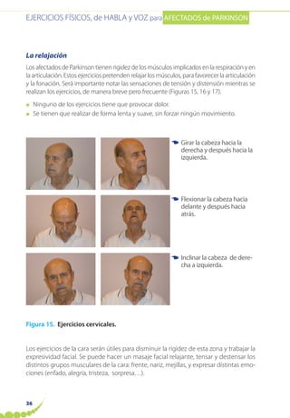 EJERCICIOS FÍSICOS, de HABLA y VOZ para AFECTADOS de PARKINSON
36
La relajación
Los afectados de Parkinson tienen rigidez de los músculos implicados en la respiración y en
la articulación. Estos ejercicios pretenden relajar los músculos, para favorecer la articulación
y la fonación. Será importante notar las sensaciones de tensión y distensión mientras se
realizan los ejercicios, de manera breve pero frecuente (Figuras 15, 16 y 17).
● Ninguno de los ejercicios tiene que provocar dolor.
● Se tienen que realizar de forma lenta y suave, sin forzar ningún movimiento.
Figura 15. Ejercicios cervicales.
Los ejercicios de la cara serán útiles para disminuir la rigidez de esta zona y trabajar la
expresividad facial. Se puede hacer un masaje facial relajante, tensar y destensar los
distintos grupos musculares de la cara: frente, nariz, mejillas, y expresar distintas emo-
ciones (enfado, alegría, tristeza, sorpresa…).
Flexionar la cabeza hacia
delante y después hacia
atrás.
Inclinar la cabeza de dere-
cha a izquierda.
Girar la cabeza hacia la
derecha y después hacia la
izquierda.
☛
☛
☛
 