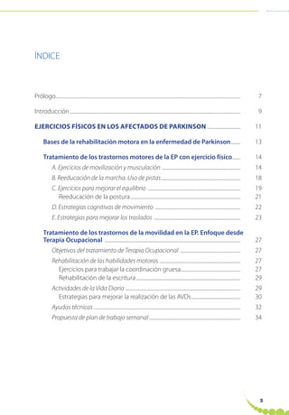 5
ÍNDICE
Prólogo.............................................................................................................................................................. 7
Introducción.................................................................................................................................................. 9
EJERCICIOS FÍSICOS EN LOS AFECTADOS DE PARKINSON ............................ 11
Bases de la rehabilitación motora en la enfermedad de Parkinson........ 13
Tratamiento de los trastornos motores de la EP con ejercicio físico....... 14
A. Ejercicios de movilización y musculación ................................................................... 14
B. Reeducación de la marcha. Uso de pistas.................................................................... 18
C. Ejercicios para mejorar el equilibrio ............................................................................... 19
Reeducación de la postura.............................................................................................. 21
D. Estrategias cognitivas de movimiento ......................................................................... 22
E. Estrategias para mejorar los traslados .......................................................................... 23
Tratamiento de los trastornos de la movilidad en la EP. Enfoque desde
Terapia Ocupacional .................................................................................................................... 27
Objetivos del tratamiento de Terapia Ocupacional ................................................... 27
Rehabilitación de las habilidades motoras ..................................................................... 27
Ejercicios para trabajar la coordinación gruesa................................................... 27
Rehabilitación de la escritura......................................................................................... 29
Actividades de la Vida Diaria .................................................................................................. 29
Estrategias para mejorar la realización de las AVDs.......................................... 30
Ayudas técnicas ............................................................................................................................. 32
Propuesta de plan de trabajo semanal.............................................................................. 34
 