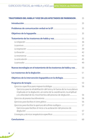 EJERCICIOS FÍSICOS, de HABLA y VOZ para AFECTADOS de PARKINSON
6
TRASTORNOS DEL HABLAYVOZ EN LOS AFECTADOS DE PARKINSON .. 35
Introducción........................................................................................................................................ 35
Problemas de comunicación verbal en la EP............................................................. 35
Objetivos de la logopedia......................................................................................................... 35
Tratamiento de los trastornos de habla y voz........................................................... 35
La relajación .................................................................................................................................... 36
La postura.......................................................................................................................................... 37
La respiración ................................................................................................................................. 39
La fonación ...................................................................................................................................... 42
La resonancia ................................................................................................................................. 43
La articulación ............................................................................................................................... 45
La prosodia ...................................................................................................................................... 49
Nuevas tecnologías en el tratamiento de los trastornos de habla y voz..... 50
Los trastornos de la deglución.............................................................................................. 51
Objetivos de la intervención logopédica en la disfagia.................................... 53
Programa de terapia ..................................................................................................................... 53
Ejercicios específicos para mejorar la disfagia ............................................................... 56
Ejercicios para la rehabilitación del tono y la fuerza de la musculatura
implicada en la deglución, así como de la coordinación, la amplitud
y la velocidad de los movimientos del proceso de deglución.................. 56
Ejercicios de praxias bucofonatorias .................................................................................. 56
Ejercicios para facilitar el cierre glótico .............................................................................. 56
Ejercicios para facilitar la apertura del esfínter esofágico ........................................ 57
Ejercicios para facilitar el inicio o la acelaración del proceso de
deglución .................................................................................................................................. 57
Estrategias y técnicas terapéuticas específicas .............................................................. 57
Conclusiones ...................................................................................................................................... 60
 