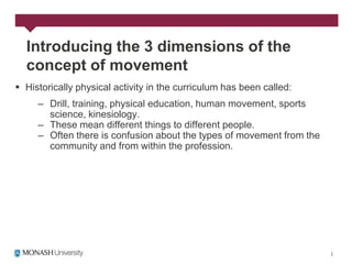 Introducing the 3 dimensions of the
  concept of movement
 Historically physical activity in the curriculum has been called:
     – Drill, training, physical education, human movement, sports
       science, kinesiology.
     – These mean different things to different people.
     – Often there is confusion about the types of movement from the
       community and from within the profession.
 