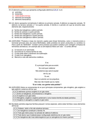 Prof. Agamenon Roberto TABELAPERIÓDICA www.agamenonquimica.com 15
91) O elemento químico que apresenta configuração eletrônica 2, 8, 2 é um:
a) actinídeo.
b) lantanídeo.
c) metal alcalino terroso.
d) elemento de transição.
e) elemento transurânico.
92) Um átomo apresenta normalmente 2 elétrons na primeira camada, 8 elétrons na segunda camada, 18
elétrons na terceira camada e 7 na quarta camada. A família e o período em que se encontra esse
elemento são, respectivamente:
a) família dos halogênios e sétimo período.
b) família do carbono e quarto período.
c) família dos halogênios e quarto período.
d) família dos calcogênios e quarto período.
e) família dos calcogênios e sétimo período.
93) (ACR-2002) “Produtos à base de mercúrio usados para limpar ferimentos, como o mercúrio-cromo e
tiomersal (princípio ativo da marca Merthiolate), estão proibidos de serem produzidos ou vendidos no
País a partir de 18/04/2001”. Existem outros produtos que podem substituir com vantagem a limpeza de
ferimentos domésticos. Um exemplo são os anti-sépticos feitos com iodo”. É correto afirmar:
a) O mercúrio é um semimetal.
b) Encontra-se na mesma família do iodo.
c) O iodo pode sofrer o fenômeno de sublimação.
d) O iodo é um calcogênio.
e) Mercúrio e iodo são elementos metálicos.
O ar,
É a principal fonte para se existir;
Se você quer colaborar
Nós estamos aqui para te ajudar
Ah! Eu sei
Eu sei,
Que o ar poluído vai nos prejudicar,
Mas isso não impede que eu repita:
“O ar é vida, vou ganhar esta partida!!”!
94) (ACR-2002) Sobre os componentes do ar puro (principais componentes: gás nitrogênio, gás oxigênio e
gás argônio), podemos afirmar que:
0 0 O elemento químico oxigênio é um gás nobre.
1 1 Entre os halogênios, encontraremos o nitrogênio.
2 2 O argônio é um gás nobre.
3 3 Nitrogênio, oxigênio e argônio pertencem a uma mesma família da tabela periódica.
4 4 Oxigênio é calcogênio e argônio é gás nobre.
95) Na tabela periódica algumas famílias possuem nomes especiais, sobre estas famílias e seus elementos
afirma-se:
0 0 Potássio, sódio e lítio são alcalinos terrosos.
1 1 Os halogênios constituem a família 7A.
2 2 Todo gás nobre possui na camada de valência 8 elétrons.
3 3 Todo átomo que é estável possui configuração eletrônica de um gás nobre.
4 4 Os halogênios são mais eletronegativos que os calcogênios do mesmo período.
 