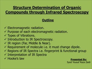 Structure Determination of Organic 
Compounds through Infrared Spectroscopy 
Outline 
 Electromagnetic radiation. 
 Purpose of each electromagnetic radiation. 
 Types of Vibrations. 
 Introduction to IR Spectroscopy. 
 IR region (Far, Middle & Near). 
 Requirement of molecule i.e. it must change dipole. 
 Regions of IR Spectra i.e. fingerprint & functional group 
 Interpretation of IR Spectra 
 Hooke’s law 
Presented By: 
Syed Yousuf Raza Zaidi 
 
