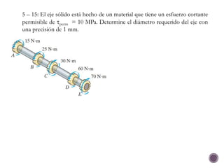 5 – 15: El eje sólido está hecho de un material que tiene un esfuerzo cortante
permisible de tperm = 10 MPa. Determine el diámetro requerido del eje con
una precisión de 1 mm.
 