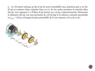 5 – 57: El motor entrega 40 hp al eje de acero inoxidable 304, mientras gira a 20 Hz.
El eje se sostiene sobre cojinetes lisos en A y B, los cuales permiten la rotación libre
del eje. Los engranes C y D fijos al eje toman 25 y 15 hp, respectivamente. Determine
el diámetro del eje con una precisión de 1/8 de plg si el esfuerzo cortante permisible
es tperm = 8 ksi y el ángulo de giro permisible de C con respecto a D es de 0.20°.
 