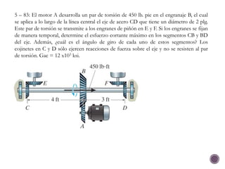 5 – 83: El motor A desarrolla un par de torsión de 450 lb. pie en el engranaje B, el cual
se aplica a lo largo de la línea central el eje de acero CD que tiene un diámetro de 2 plg.
Este par de torsión se transmite a los engranes de piñón en E y F. Si los engranes se fijan
de manera temporal, determine el esfuerzo cortante máximo en los segmentos CB y BD
del eje. Además, ¿cuál es el ángulo de giro de cada uno de estos segmentos? Los
cojinetes en C y D sólo ejercen reacciones de fuerza sobre el eje y no se resisten al par
de torsión. Gac = 12 x103 ksi.
 