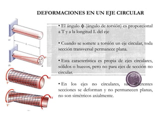 DEFORMACIONES EN UN EJE CIRCULAR
• El ángulo ϕ (ángulo de torsión) es proporcional
a T y a la longitud L del eje
• Cuando se somete a torsión un eje circular, toda
sección transversal permanece plana.
• Esta característica es propia de ejes circulares,
sólidos o huecos, pero no para ejes de sección no
circular.
• En los ejes no circulares, sus diferentes
secciones se deforman y no permanecen planas,
no son simétricos axialmente.
 