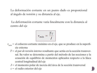 La deformación cortante en un punto dado es proporcional
al ángulo de torsión y su distancia al eje.
La deformación cortante varia linealmente con la distancia al
centro del eje
 