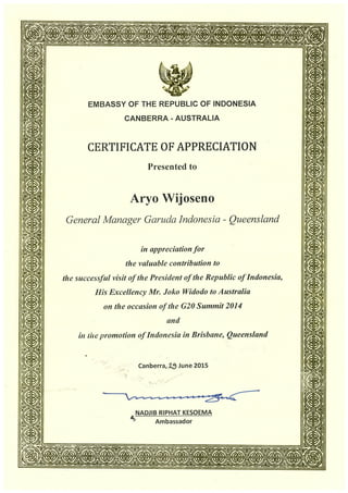 Embassy of the Republic of Indonesia Canberra-Australia, Certificate of Appreciation