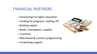 FINANCIAL PARTNERS
▪ Scholarships to higher education
▪ Funding for programs, staffing, PD
▪ Building capital
▪ Books, newspapers, supplies
▪ Incentives
▪ Afterschool & summer programming
▪ Fundraising support
 
