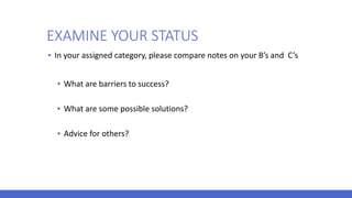 EXAMINE YOUR STATUS
▪ In your assigned category, please compare notes on your B’s and C’s
▪ What are barriers to success?
▪ What are some possible solutions?
▪ Advice for others?
 