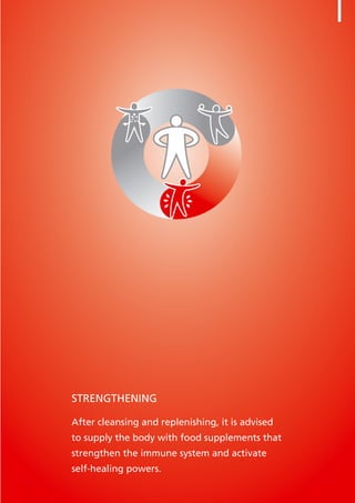 21
STRENGTHENING
After cleansing and replenishing, it is advised
to supply the body with food supplements that
strengthen the immune system and activate
self-healing powers.
 